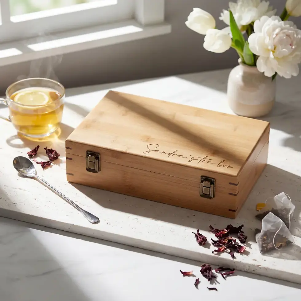 Thumbnail: Custom engraved bamboo tea organizer shown with a warm cup of lemon tea and fresh croissants.