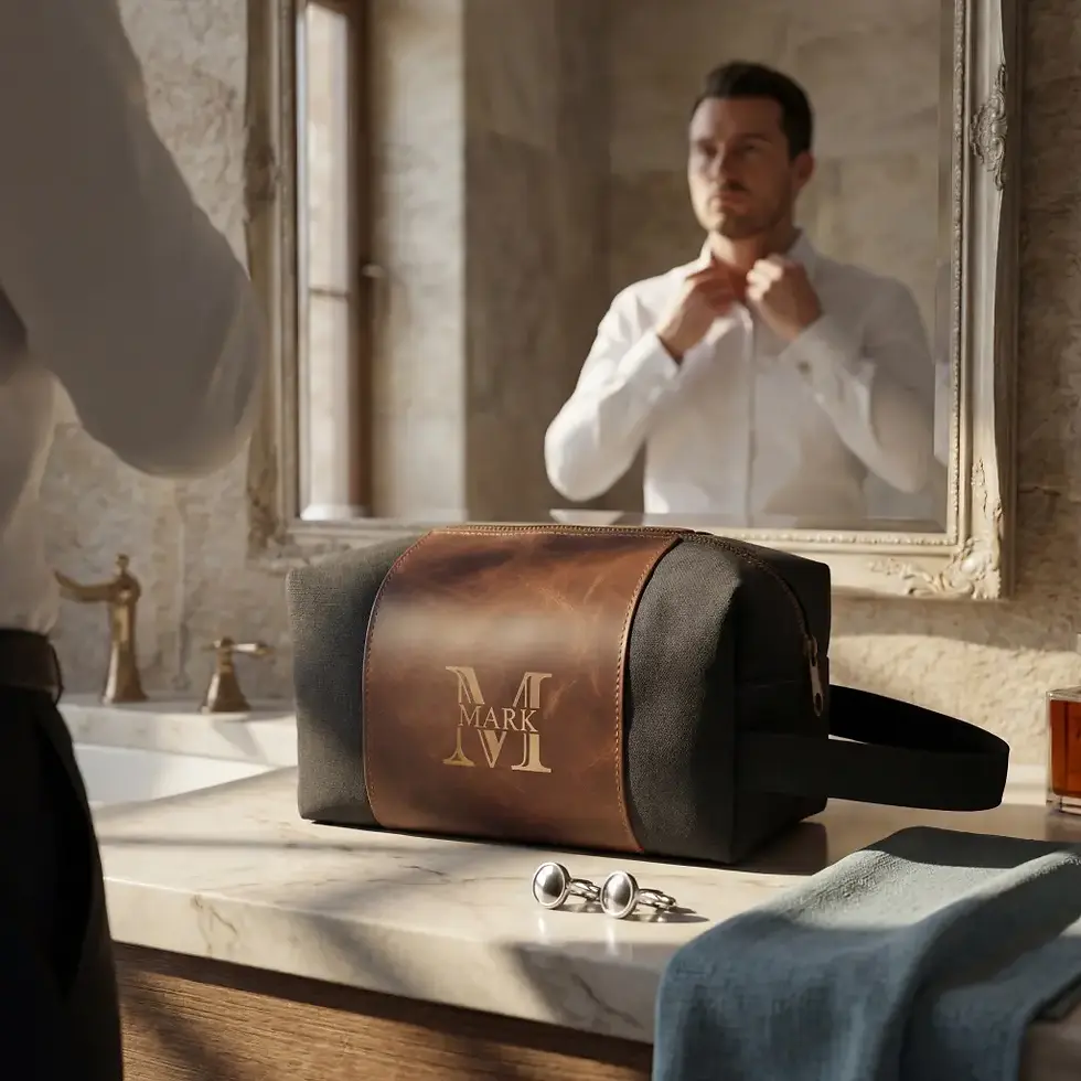 Thumbnail: High quality monogrammed toiletry kit with side handle for wedding party travel and preparation.