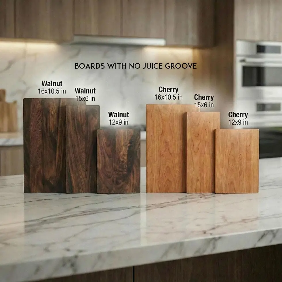Miniature : Size comparison chart for customized cutting boards without juice grooves in walnut and cherry wood.