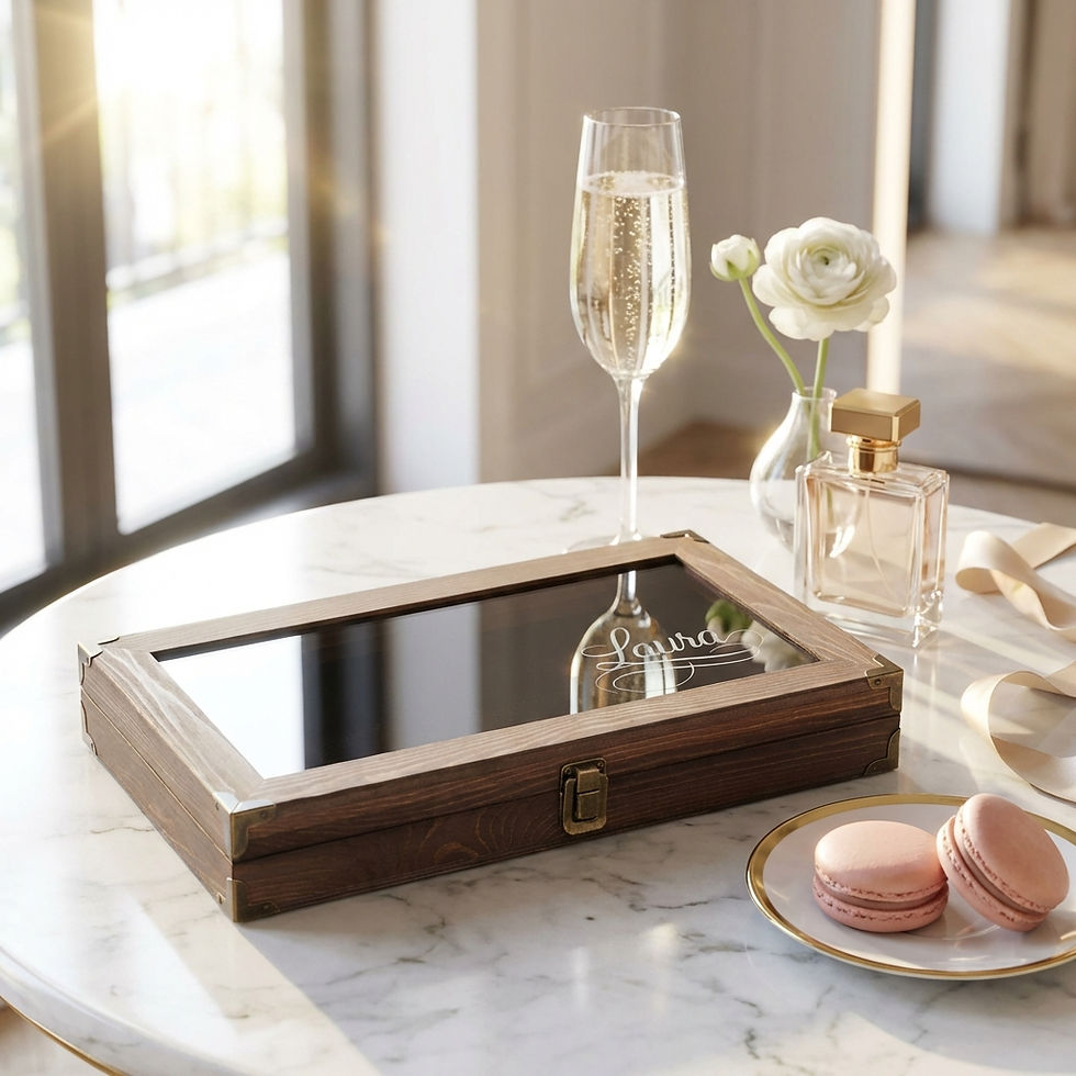 Miniature : Custom jewelry display case featuring 66 slots with black velvet lining and an antique brass latch.