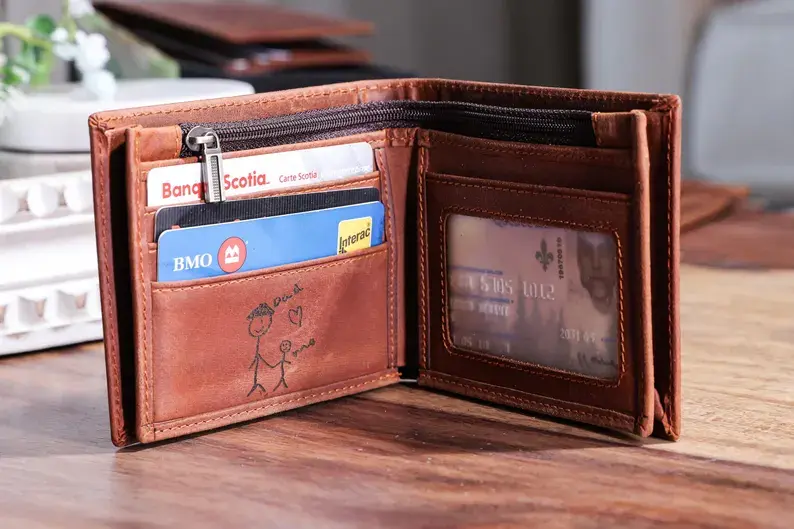 Thumbnail: Personalized Leather Wallet  - Handwriting Gift for Him, Dad, Boyfriend