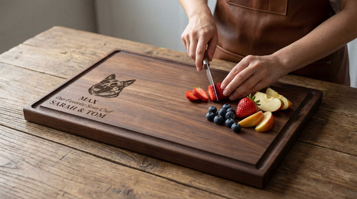 A woman is cutting fruits on a personalized cutting board