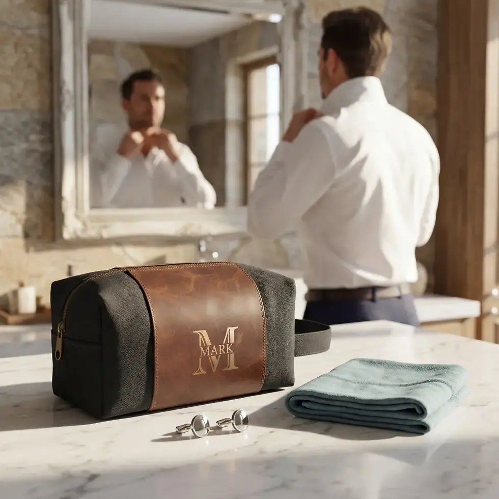 Thumbnail: High quality monogrammed toiletry kit with side handle for wedding party travel and preparation.