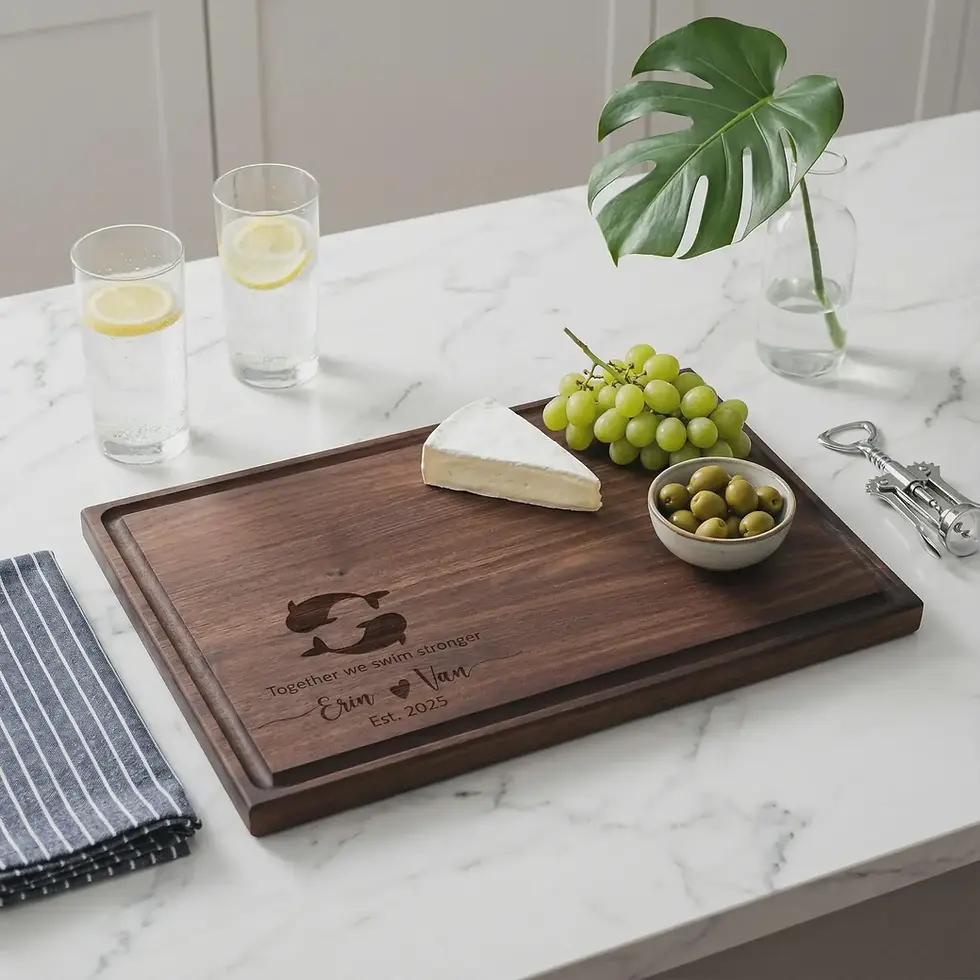 Thumbnail: Personalized dark walnut cutting board featuring a custom Koi fish design with the quote Together we swim stronger and custom