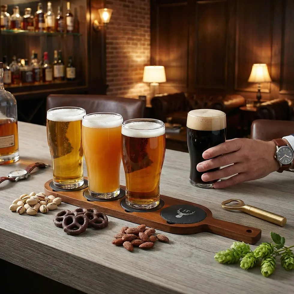 Miniature : Ensemble de dégustation de bières personnalisé - Bois d'acacia et dessous de verre en ardoise 