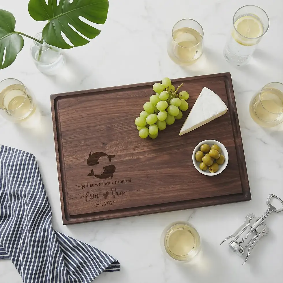 Thumbnail: Personalized dark walnut cutting board featuring a custom Koi fish design with the quote Together we swim stronger and custom