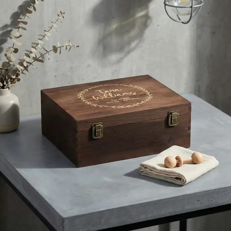 Thumbnail: Personalized Rustic Wooden Newborn Memory Box - Unique Gift for a New Arrival