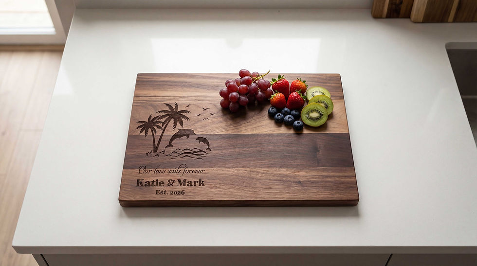 Thumbnail: Unique beach themed wedding gift: custom walnut board with couple's names and 2020 established date.