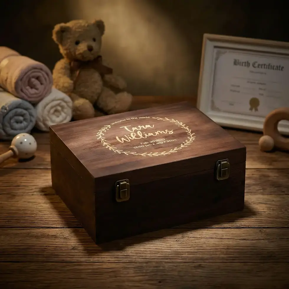 Thumbnail: Personalized Rustic Wooden Newborn Memory Box - Unique Gift for a New Arrival