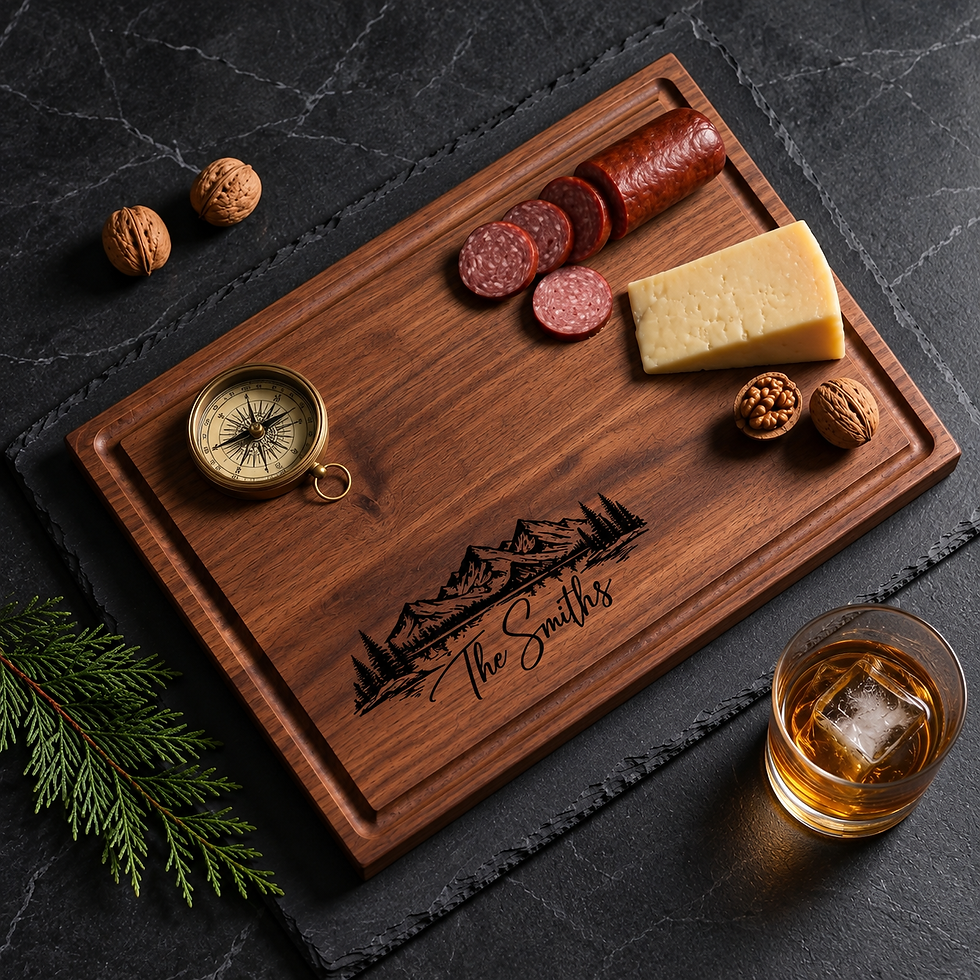 Miniature : Custom engraved mountain charcuterie board styled with whiskey salami brie cheese and a vintage compass.