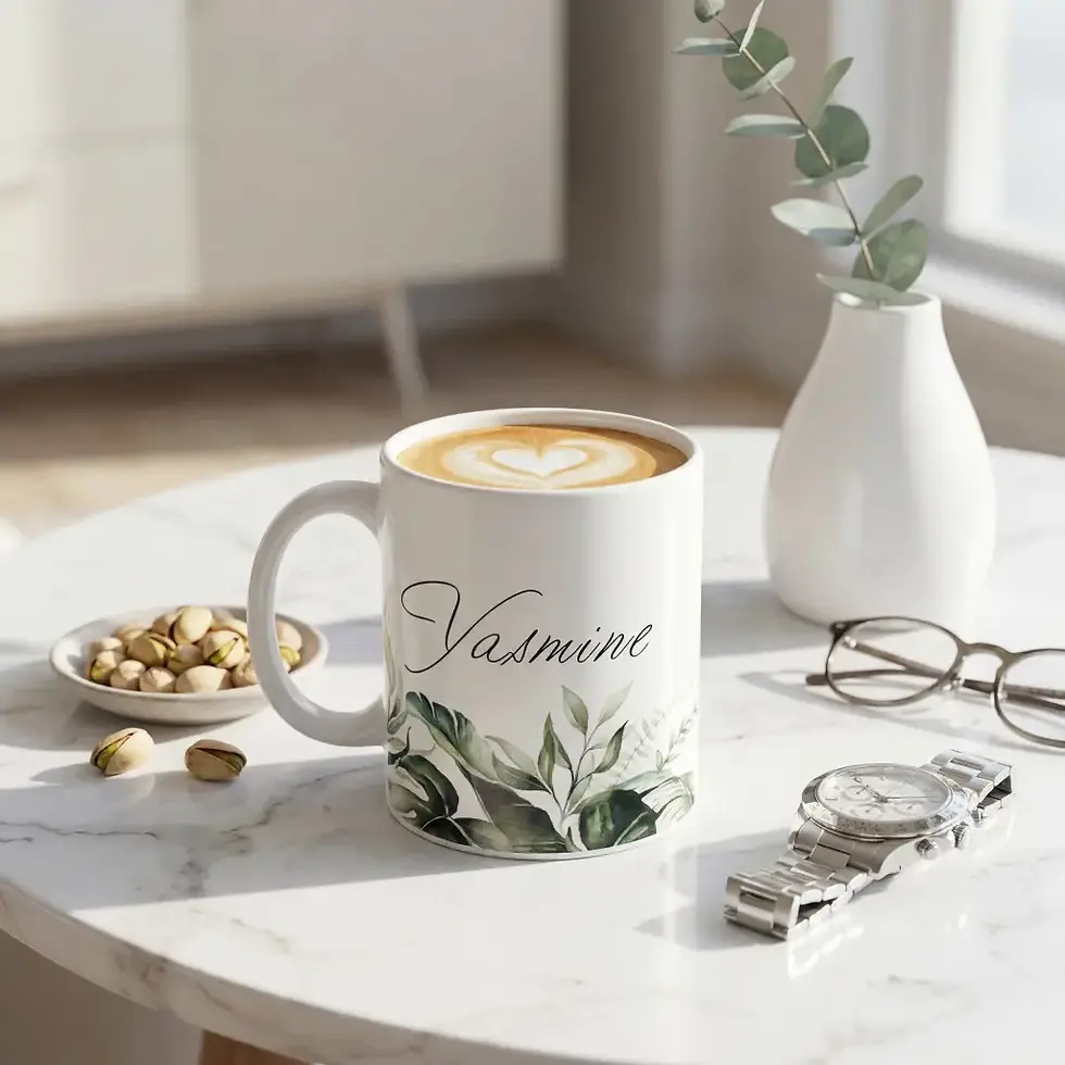 Thumbnail: Personalized gift for her: a watercolor greenery coffee mug held with latte art on a gray table.