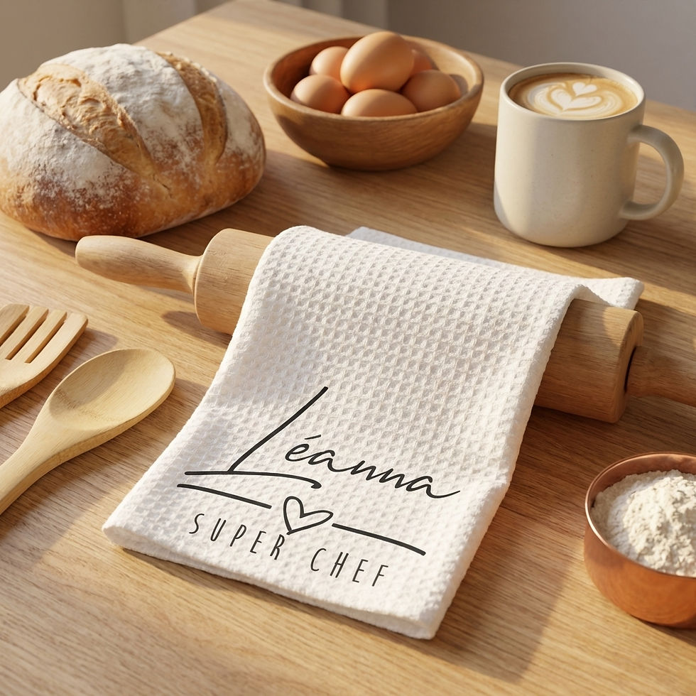 Personalized white waffle weave kitchen towel with custom name Léanna and Super Chef heart design.
