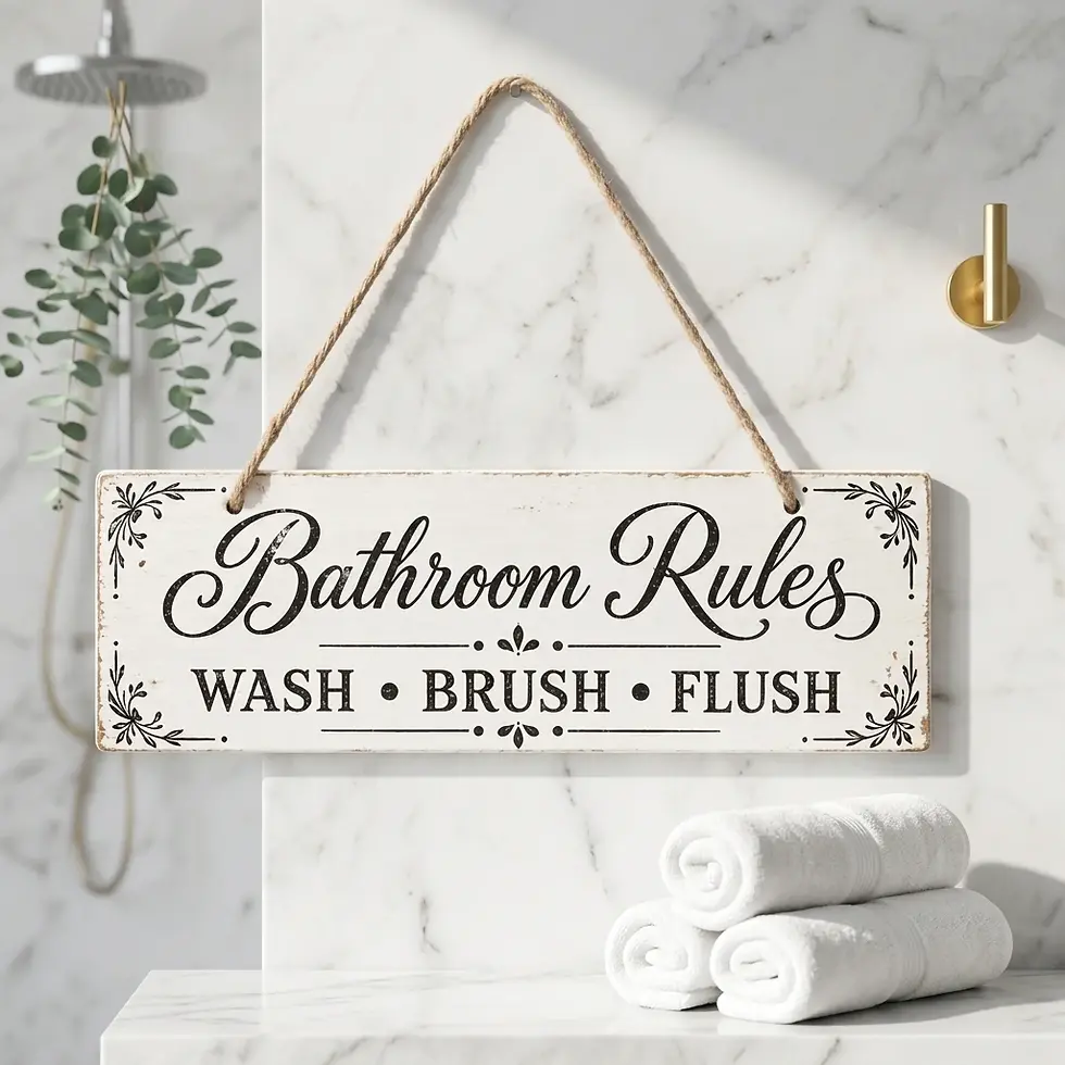 Funny ceramic bathroom sign featuring "Bathroom Rules: Wash Brush Flush" in elegant black script.