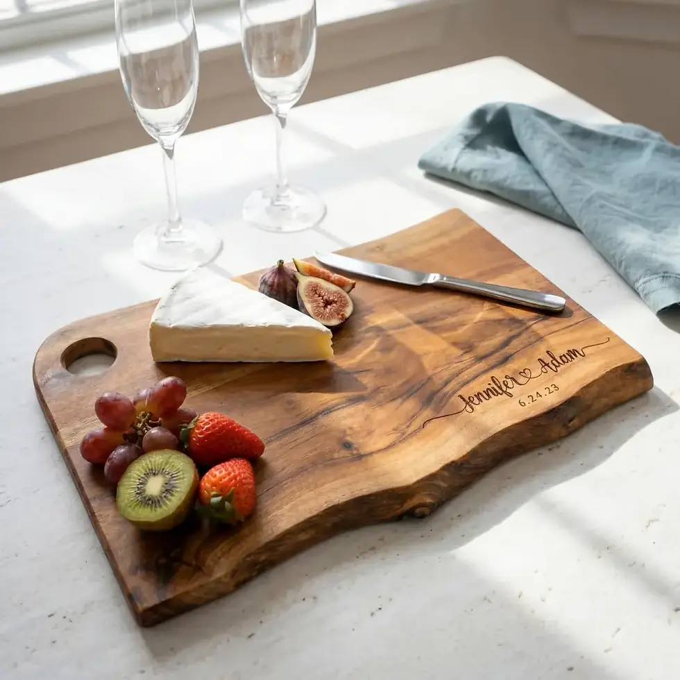 Thumbnail: Personalized gift for couples engraved live edge wood board with a decorative romantic heart script.