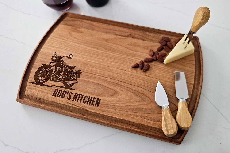Miniature : Personalized Arched Cherry Wood cutting board with juice groove for bikers