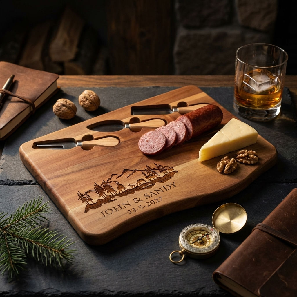 Personalized acacia wood cheese board with custom mountain forest engraving for John and Sandy.