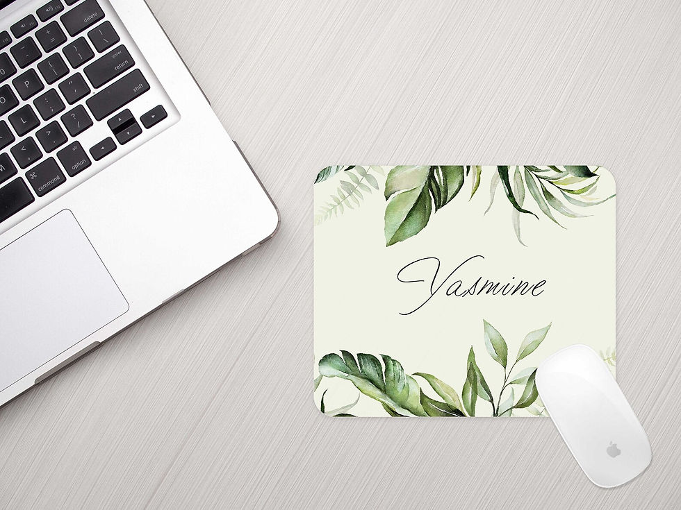 Thumbnail: Personalized gift for her: botanical watercolor mouse pad styled with a rose gold pen.