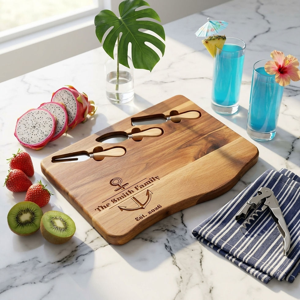 Thumbnail: Artisanal kitchen decor personalized family name cheese board with three specialized slicing tools.