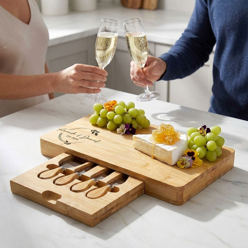 Thumbnail: Unique wedding gift idea: personalized wreath design bamboo board on a marble counter with champagne.