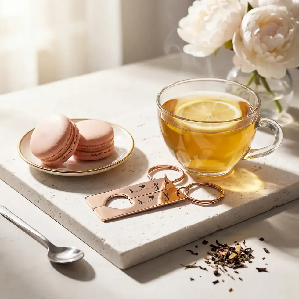 Thumbnail: Two piece interlocking couple's keychain set with custom heart flourish and script initials S and J.