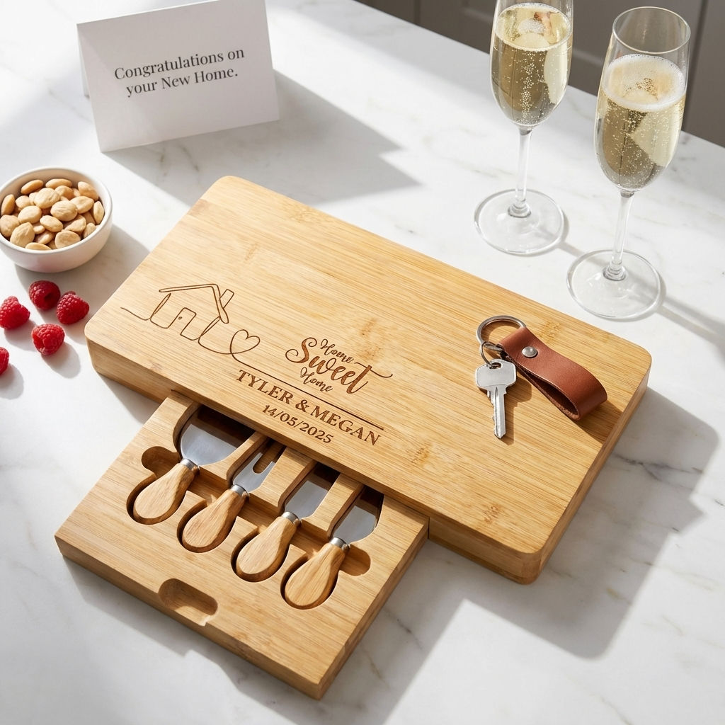 Personalized bamboo charcuterie board with Home Sweet Home engraving and custom names Tyler and Megan.
