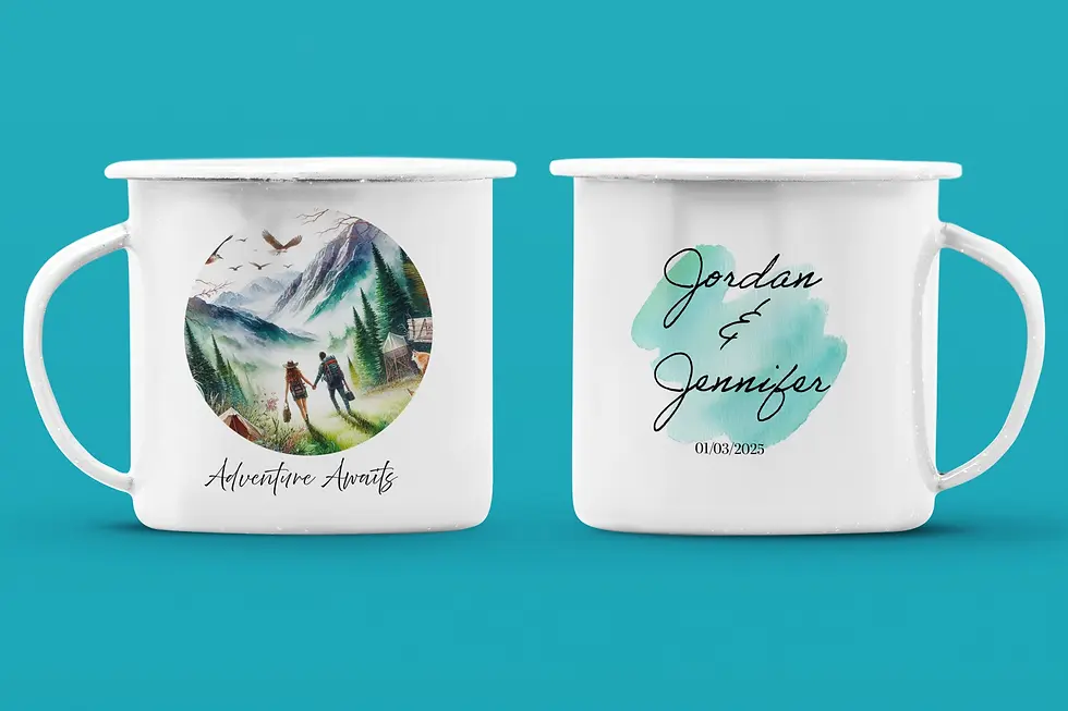 Personalized enamel mug showing two sides