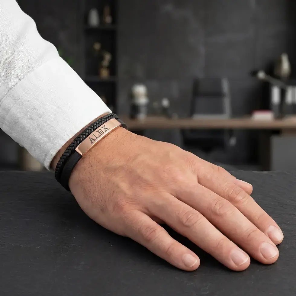 Thumbnail: High quality personalized leather nameplate bracelet for husband anniversary birthdays or valentines day.