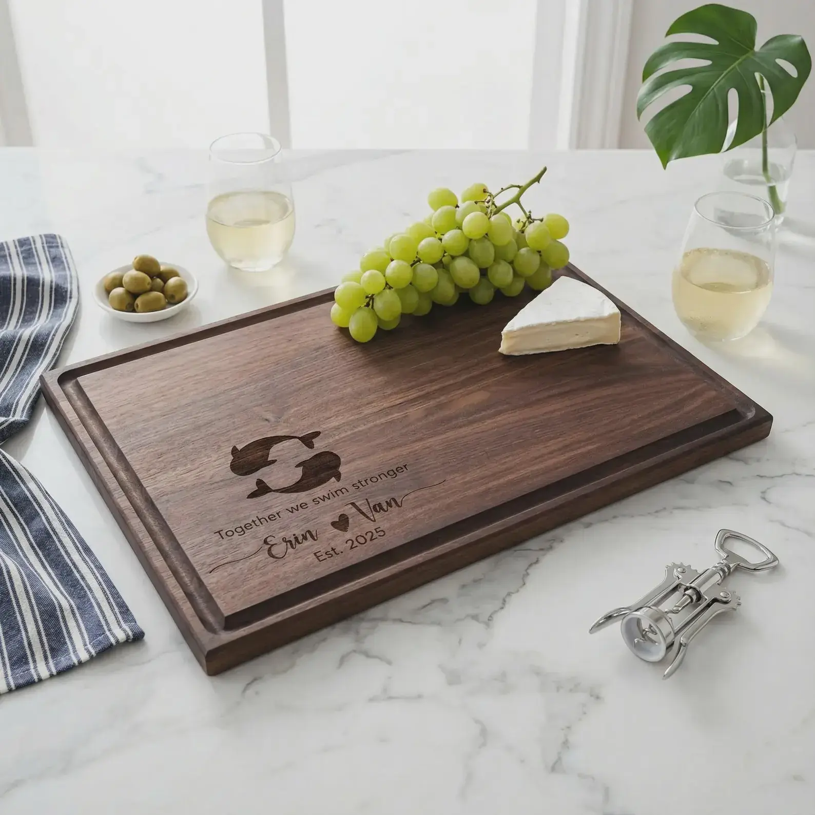 Personalized dark walnut cutting board featuring a custom Koi fish design with the quote Together we swim stronger and custom