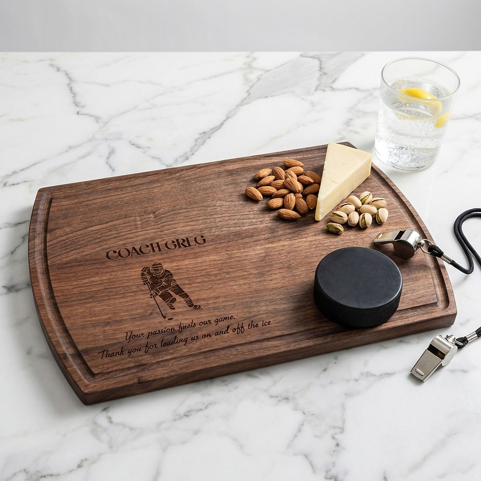 Thumbnail: Unique team thank you gift: large walnut charcuterie board for hockey coaches and managers.