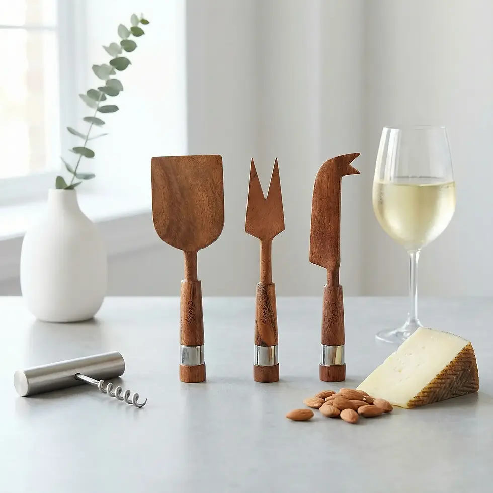 Miniature : Ensemble de coutellerie pour fromage personnalisé – Bois d'acacia élégant et nickel martelé