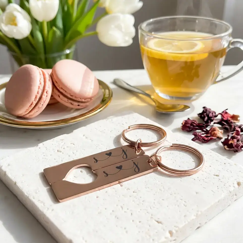 Thumbnail: Durable high gloss rose gold key fobs for couples featuring high-definition laser engraving and hearts.