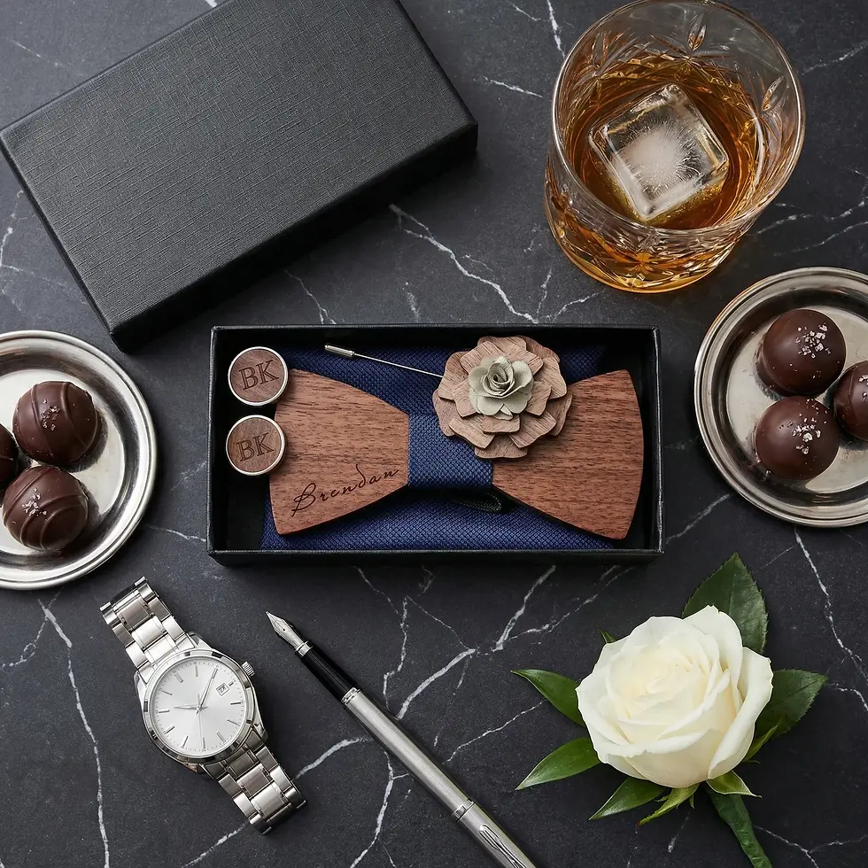 Miniature : Rehaussez votre style avec un ensemble de boutons de manchette et de nœud papillon personnalisés.