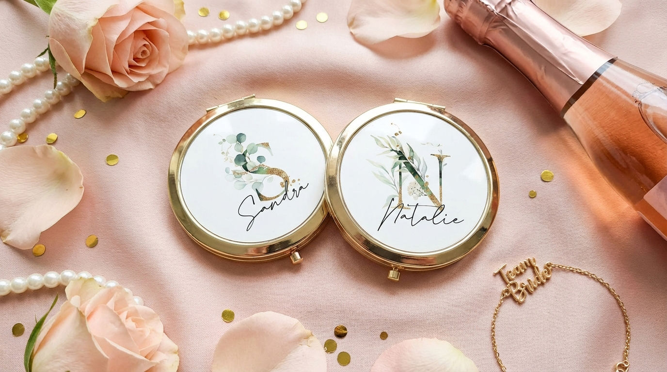 Gold Personalized Pocket Mirrors | Custom Bridesmaid Gift with Initials