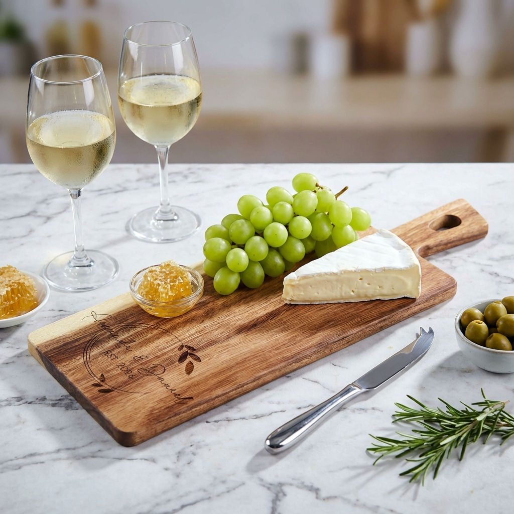 Personalized acacia wood paddle board with custom names and botanical wreath engraving.