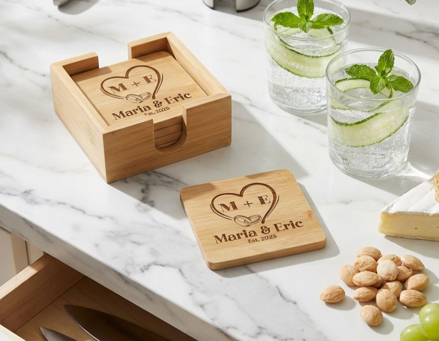 Personalized bamboo coaster set with custom interlocking heart and wedding rings engraving.