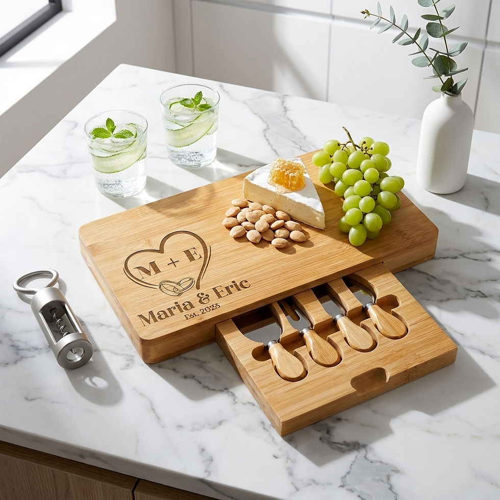 Thumbnail: Unique engagement gift idea: personalized bamboo charcuterie set styled with grapes and brie on marble.