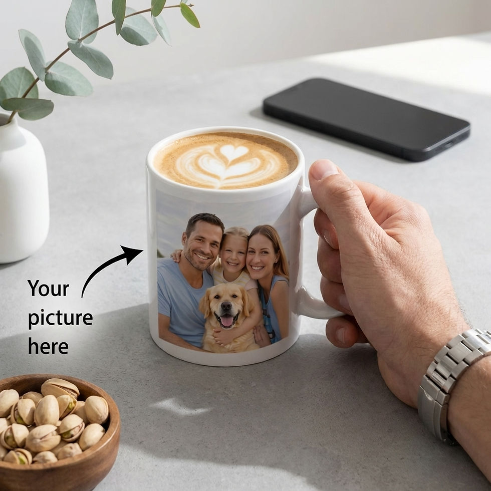 Thumbnail: Hand-printed custom picture mug on a wooden table styled with a luxury pen and nuts.