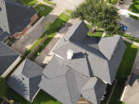 Aerial view of finished roof replacement in Pearland, TX