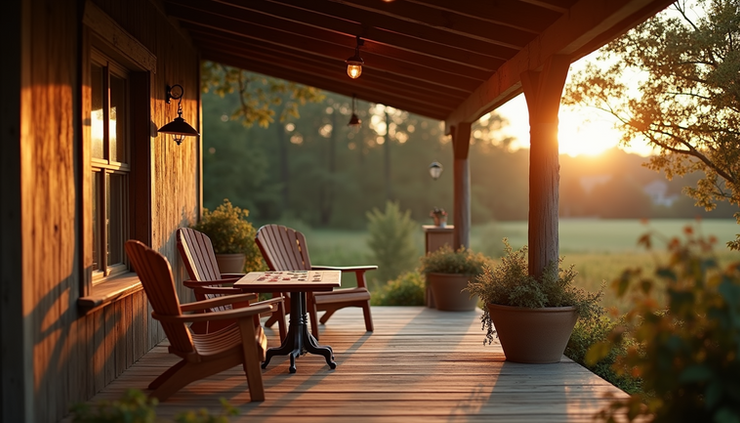 Eye-level view of a rustic farm porch with chairs and a card game setup