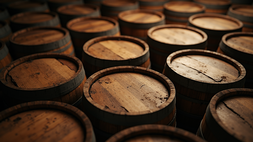 High angle view of aging whiskey in oak barrels