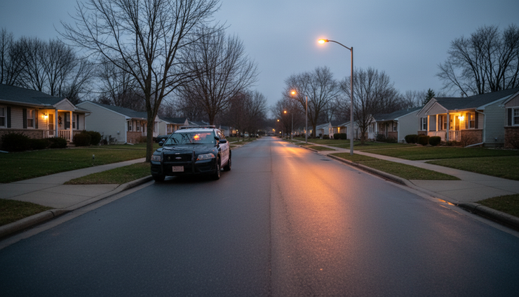 Wide-angle view of a police patrol car parked near a quiet neighborhood street