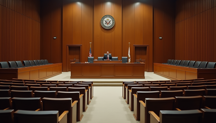 High angle view of a courtroom with empty seats and a judge's bench