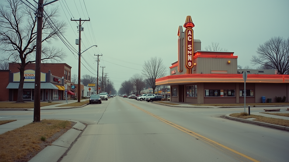 High angle view of a quiet Missouri street with a closed casino