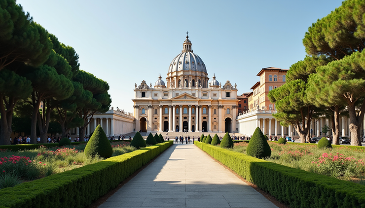 Eye-level view of the Apostolic Palace in Vatican City with its ornate facade and surrounding gardens