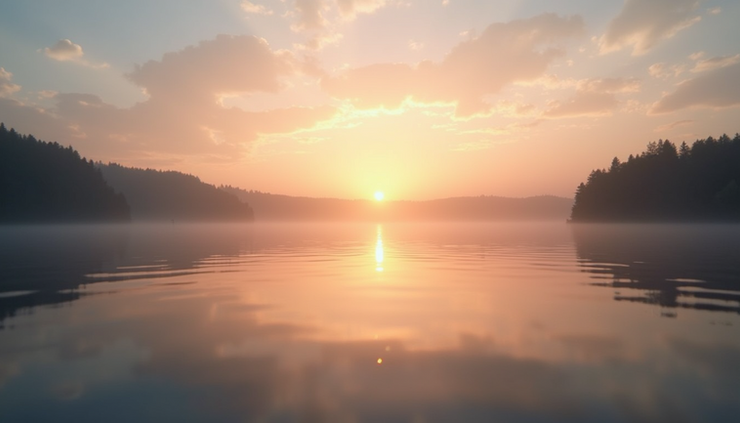 Eye-level view of a radiant sunrise over a calm lake symbolizing new beginnings