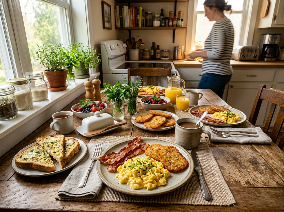 Ultimate Breakfast Spread Fluffy Eggs Crispy Bacon Golden Hash Browns and Garlic Butter Toast