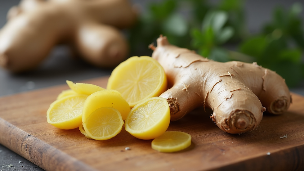 Close-up view of fresh ginger root on a wooden cutting board