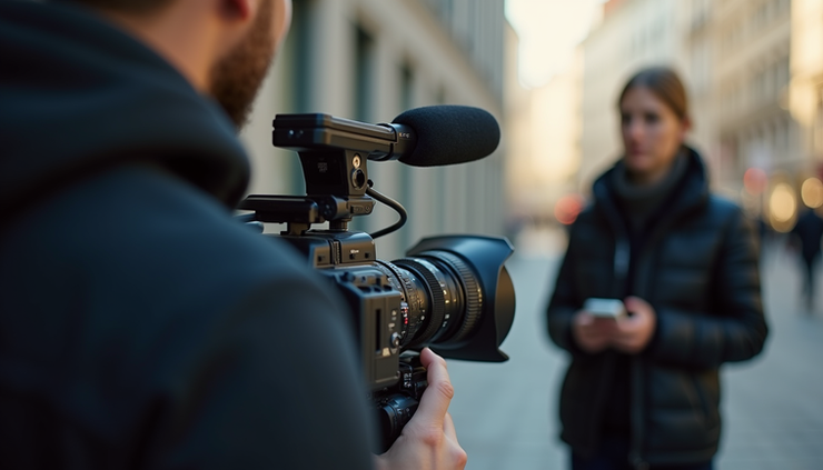 Close-up view of a film camera on a set during an interview with journalist Amy Goodman