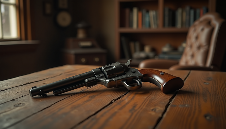 Eye-level view of a vintage revolver resting on a wooden table in a dimly lit sheriff’s office
