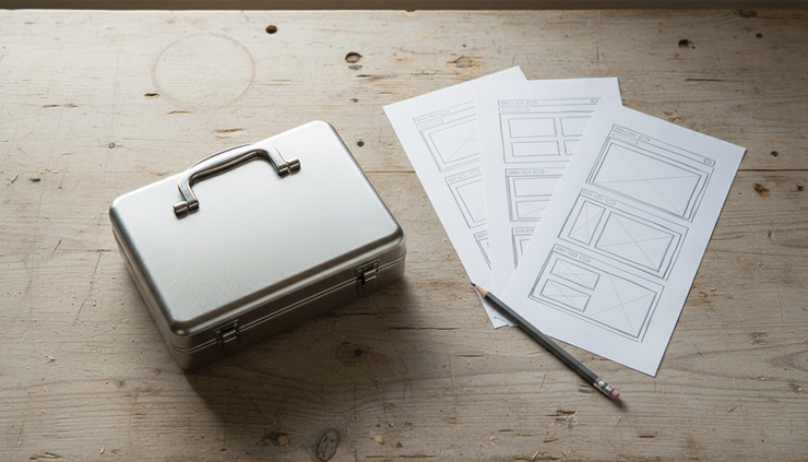 Overhead view of a small toolbox beside printed website sketches on a workbench